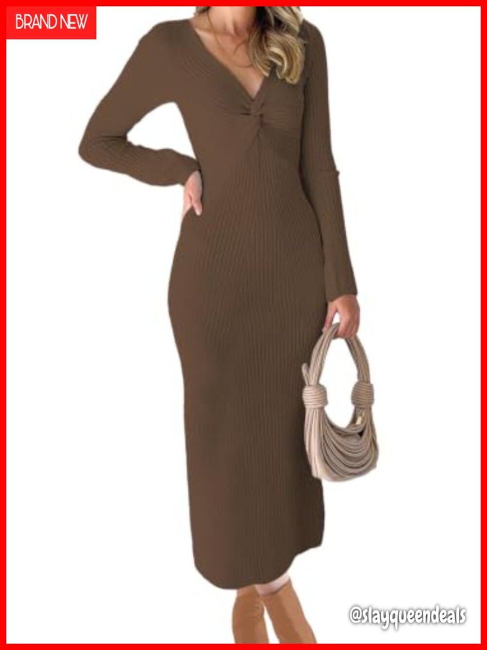 Ribbed Knit Maxi Sweater Dress Front Knot V Neck Bodycon Long Sleeve
